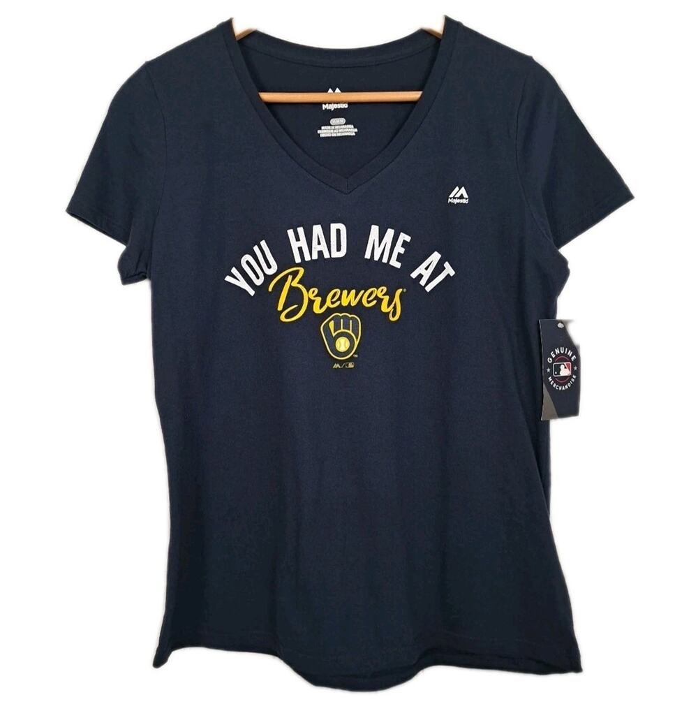 NEW MLB Milwaukee Brewers T Shirt Womens M Navy Blue V-Neck Majestic Baseball